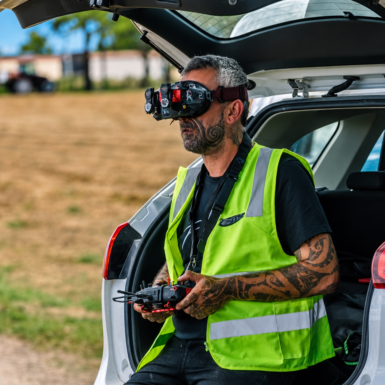 George flying drones with goggles