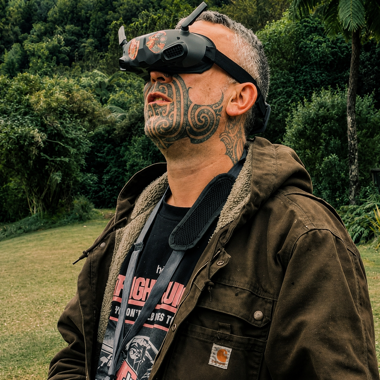 George wearing FPV goggles